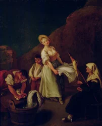 Frauen beim Waschen und Spinnen